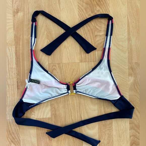 Lauren Ralph Lauren Navy White Red Striped Ring Halter Bikini Swim Top Size 12 - Picture 4 of 6